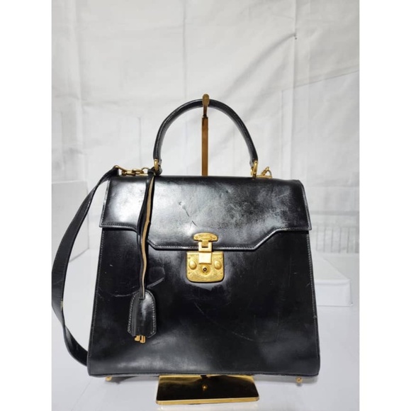 Authentic Gucci Vintage Lady Lock Leather Satchel Bag Black - Picture 1 of 16